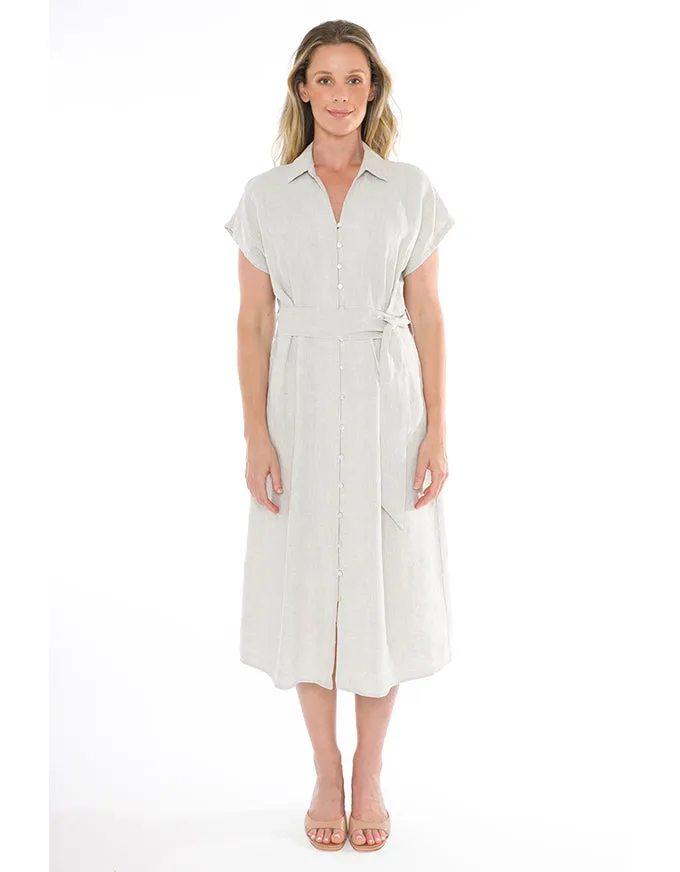 S/S Belted Linen Dress Natural Flax