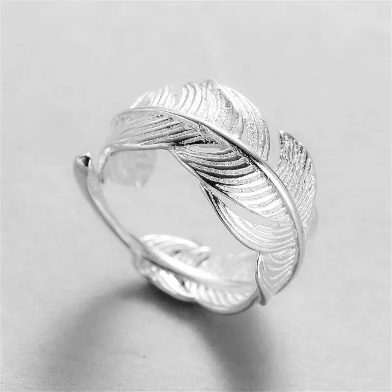 Trendy Shiny Crystal Leaf Ring Minimalist Retro Silver Color Adjustable Opening Rings For Women Party Wedding Jewelry Anillos
