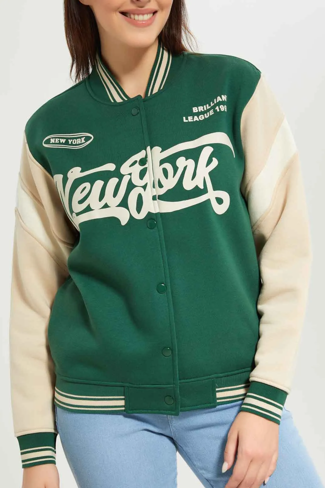 Women Green Base Ball Jacket