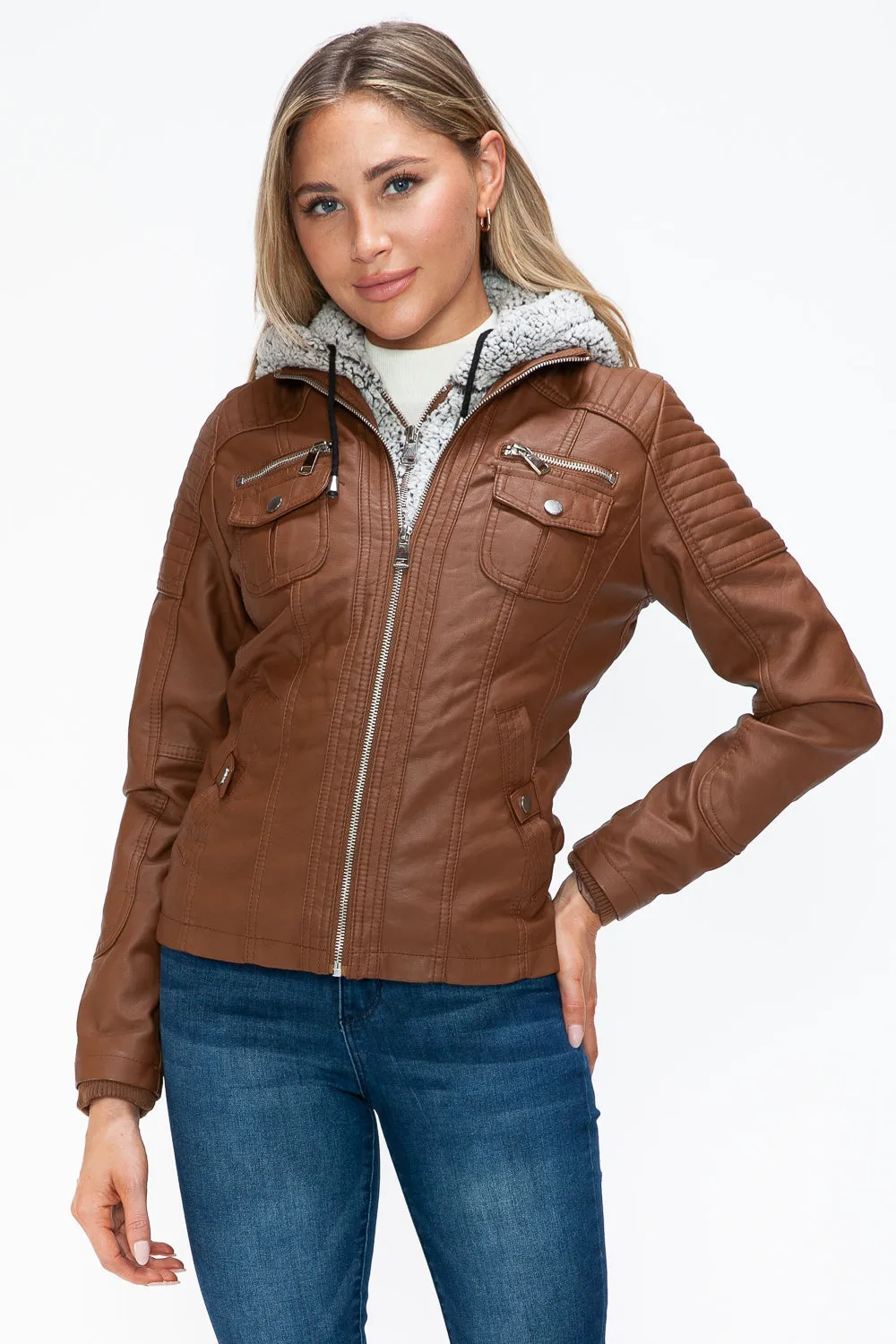 YMI Faux Leather Jacket Women Removable Layered Multi-Pocket Fuzzy Hood